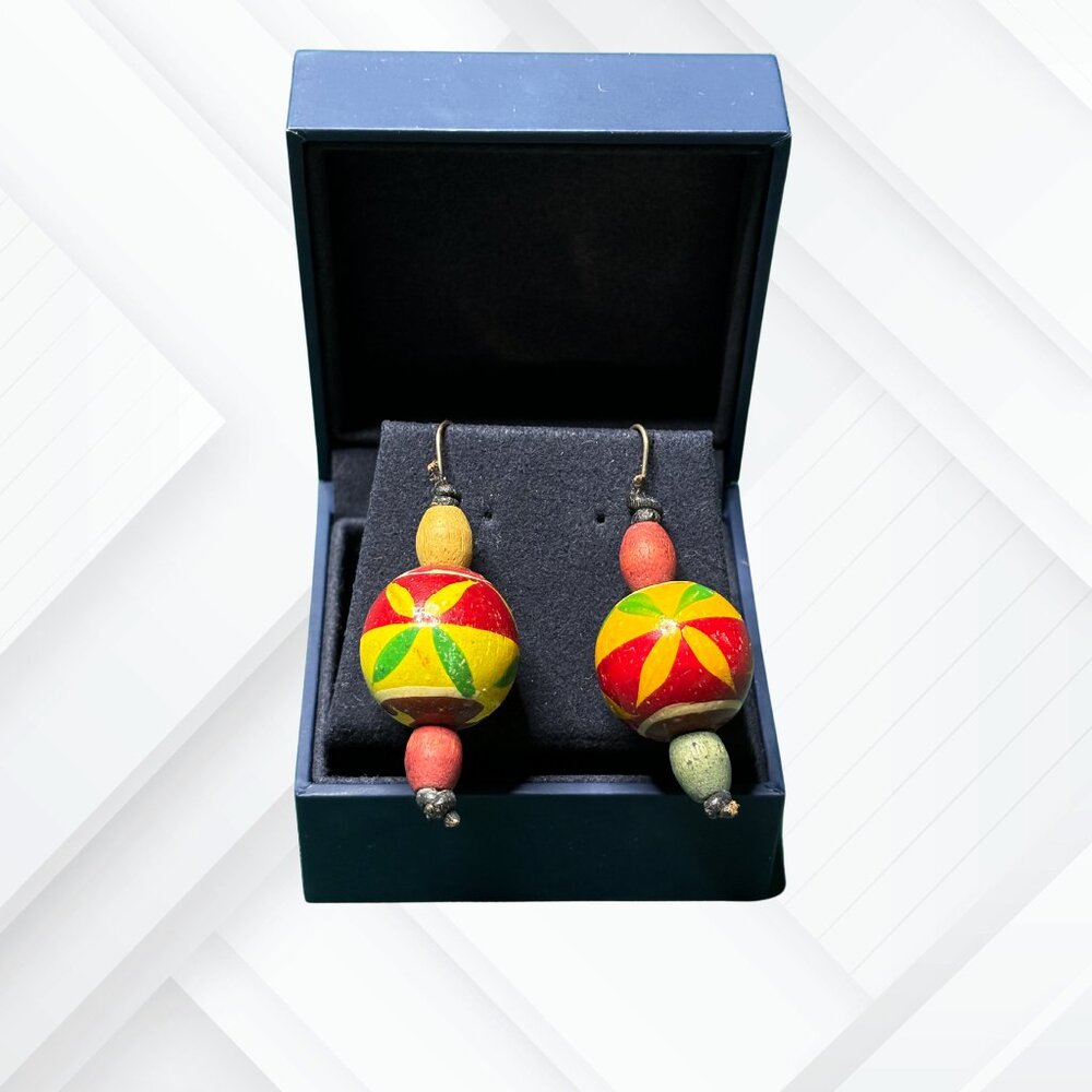Wood Rastafarian Bead Drop Earrings